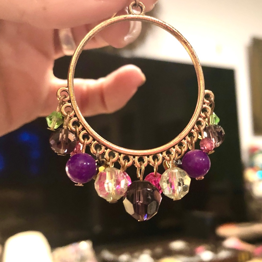 VTG 90s Shiny Gold Dangle Hoops Multicolor Faceted Beaded Boho Pierced Earrings